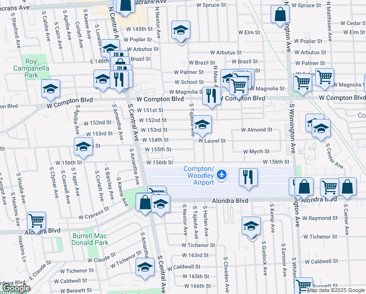 map of restaurants, bars, coffee shops, grocery stores, and more near 1445 West 155th Street in Compton