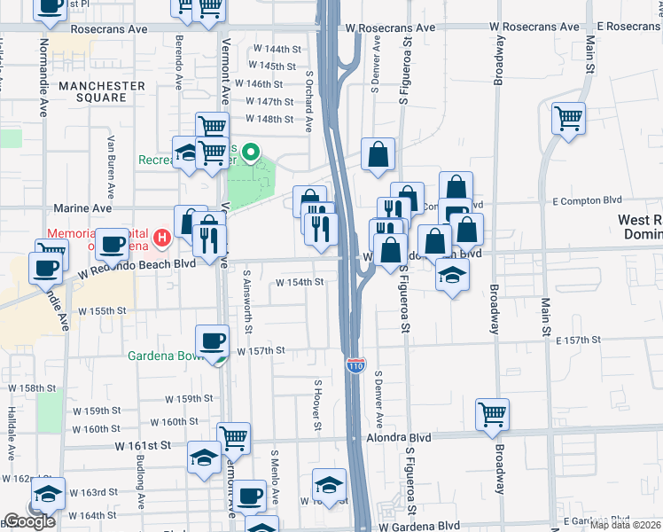 map of restaurants, bars, coffee shops, grocery stores, and more near 654 West Redondo Beach Boulevard in Gardena