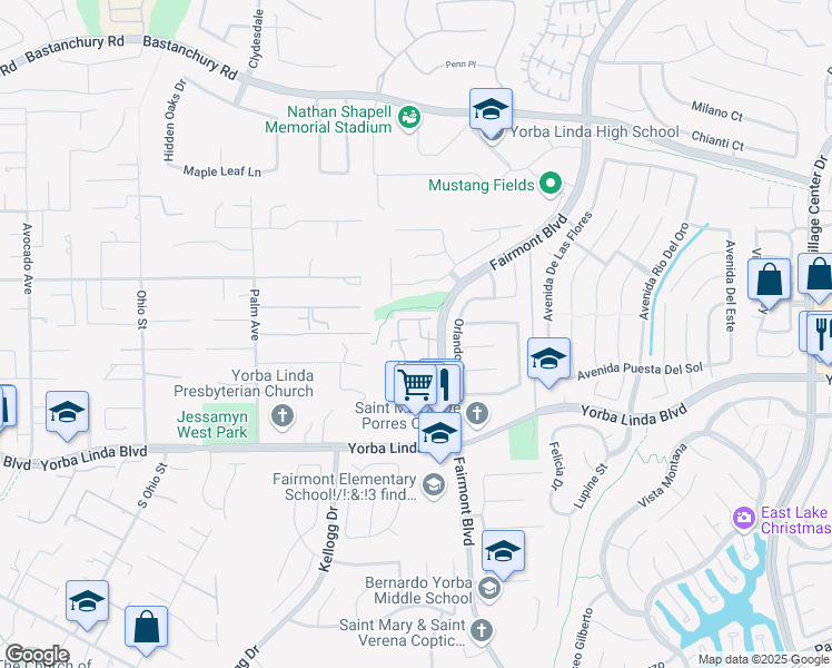 map of restaurants, bars, coffee shops, grocery stores, and more near 19670 Monteano Lane in Yorba Linda