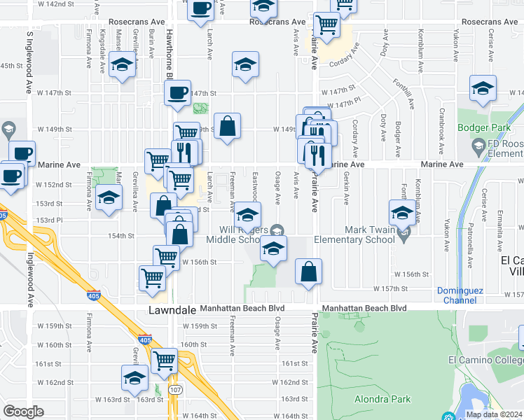 map of restaurants, bars, coffee shops, grocery stores, and more near 15302 Eastwood Avenue in Lawndale