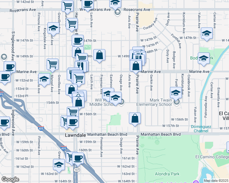 map of restaurants, bars, coffee shops, grocery stores, and more near 15302 Eastwood Avenue in Lawndale