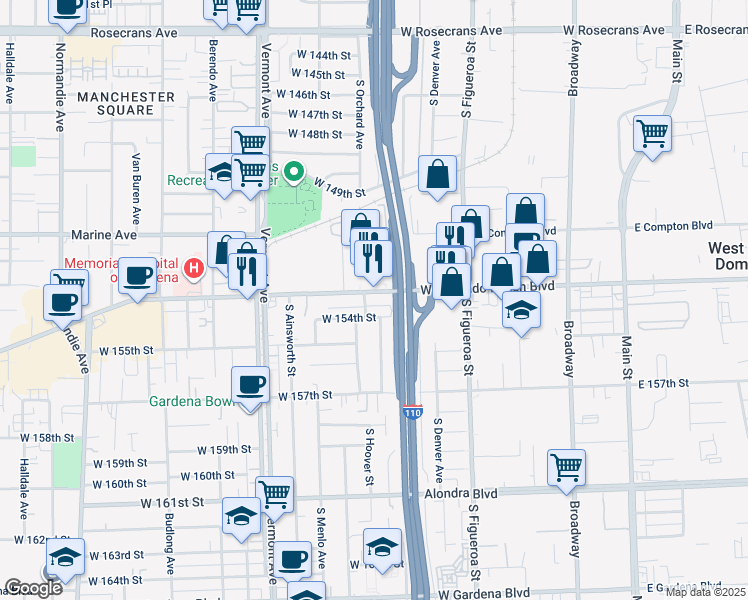 map of restaurants, bars, coffee shops, grocery stores, and more near 654 West Redondo Beach Boulevard in Gardena