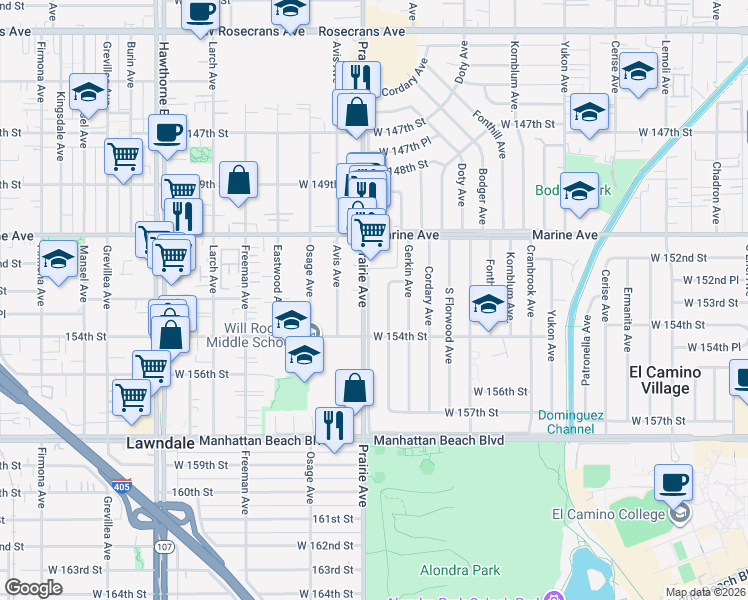 map of restaurants, bars, coffee shops, grocery stores, and more near 15302 Prairie Avenue in Lawndale