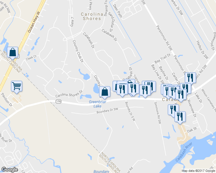 map of restaurants, bars, coffee shops, grocery stores, and more near 16 Gate 3 in Carolina Shores