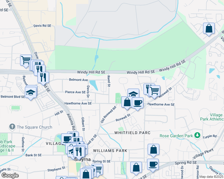 map of restaurants, bars, coffee shops, grocery stores, and more near 2483 Reed Street in Smyrna