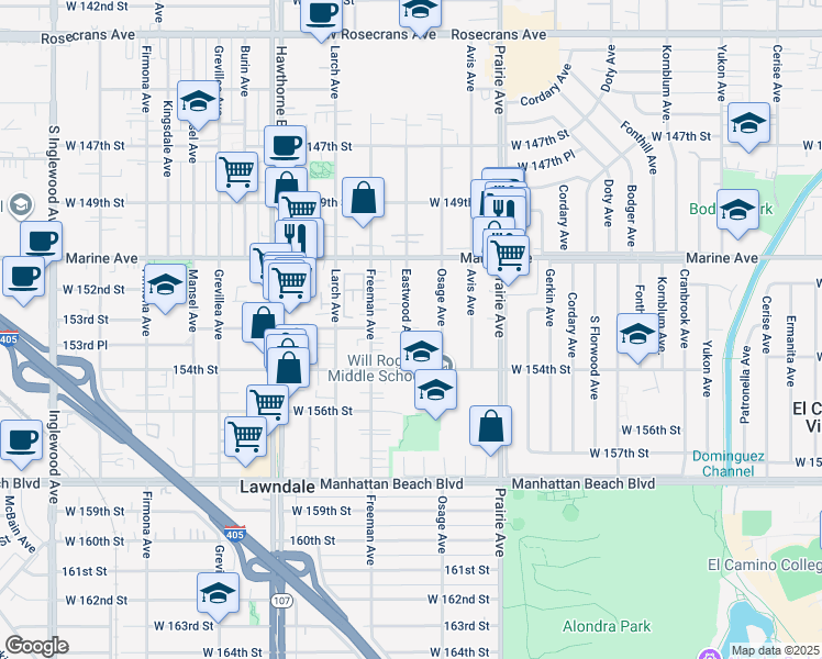 map of restaurants, bars, coffee shops, grocery stores, and more near 15300 Eastwood Avenue in Lawndale
