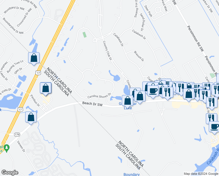 map of restaurants, bars, coffee shops, grocery stores, and more near 75 Carolina Shores Drive in Carolina Shores