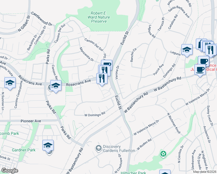 map of restaurants, bars, coffee shops, grocery stores, and more near 1901 North Euclid Street in Fullerton