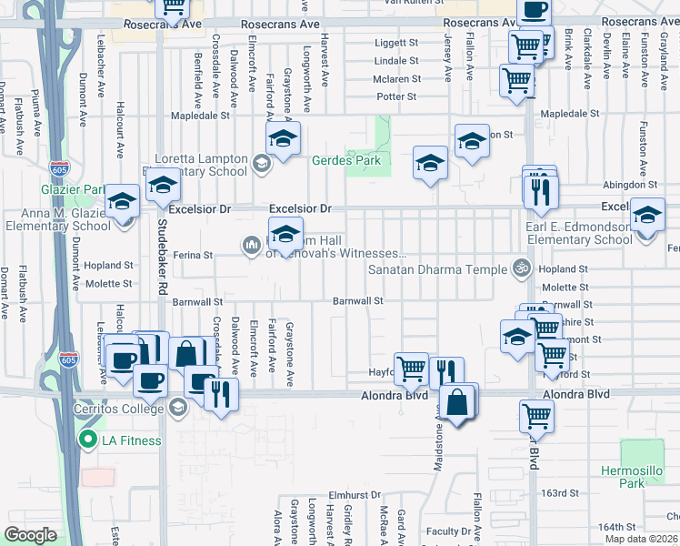 map of restaurants, bars, coffee shops, grocery stores, and more near 15216 Harvest Avenue in Norwalk