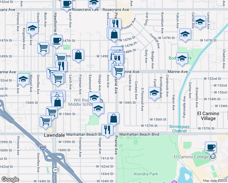 map of restaurants, bars, coffee shops, grocery stores, and more near 15301 Prairie Avenue in Lawndale