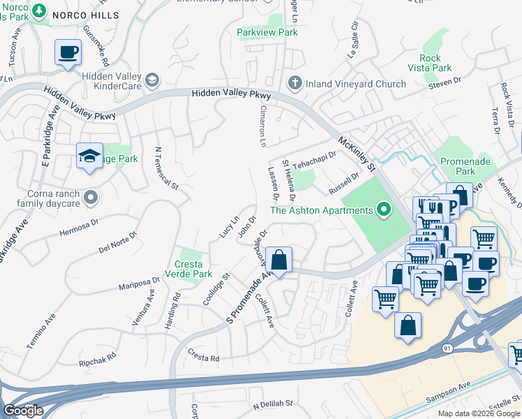 map of restaurants, bars, coffee shops, grocery stores, and more near 693 John Drive in Corona