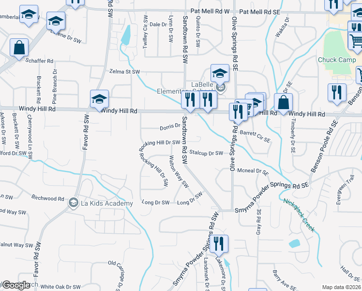map of restaurants, bars, coffee shops, grocery stores, and more near 163 Rocking Hill Dr SW in Marietta