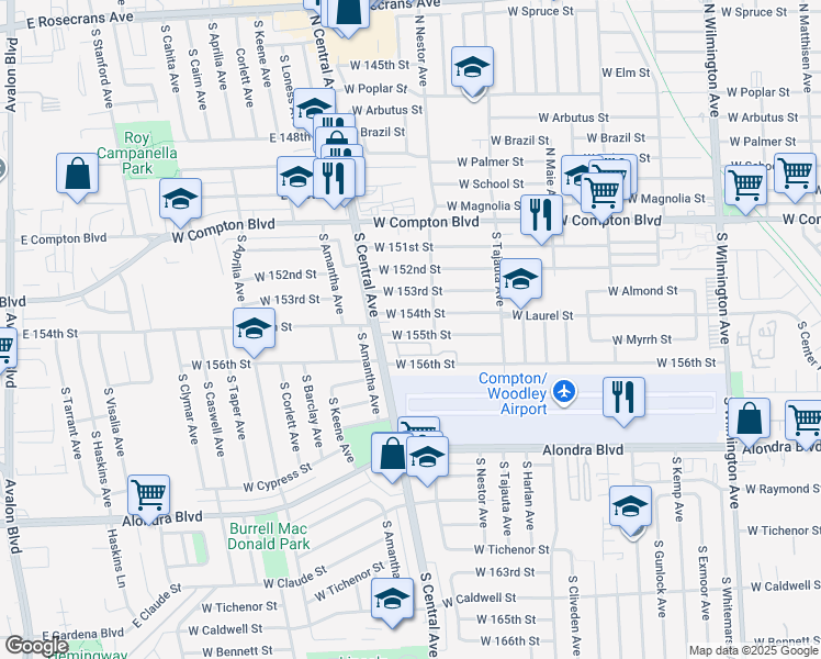 map of restaurants, bars, coffee shops, grocery stores, and more near 1715 West 155th Street in Compton