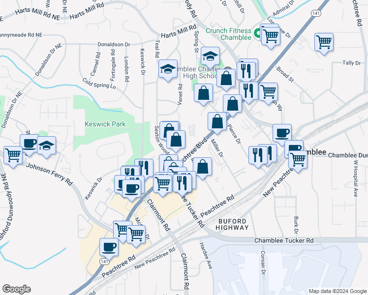map of restaurants, bars, coffee shops, grocery stores, and more near 5220 Peachtree Boulevard in Chamblee
