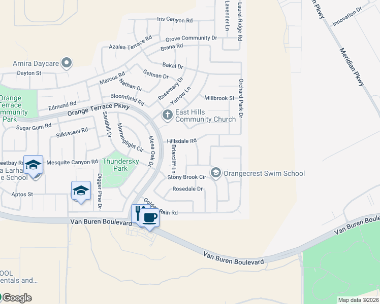 map of restaurants, bars, coffee shops, grocery stores, and more near 8726 Medford Street in Riverside