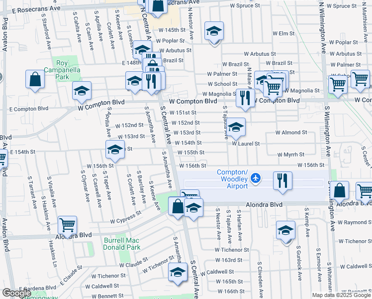 map of restaurants, bars, coffee shops, grocery stores, and more near 1715 West 155th Street in Compton