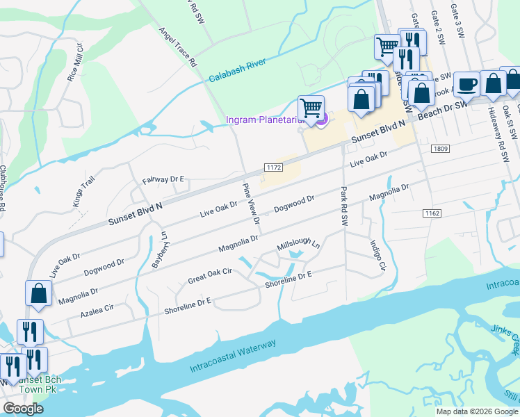 map of restaurants, bars, coffee shops, grocery stores, and more near 621 Dogwood Drive in Sunset Beach