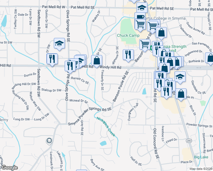 map of restaurants, bars, coffee shops, grocery stores, and more near 196 Evergreen Drive Southeast in Marietta