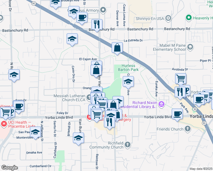 map of restaurants, bars, coffee shops, grocery stores, and more near 17550 Orange Terrace in Yorba Linda