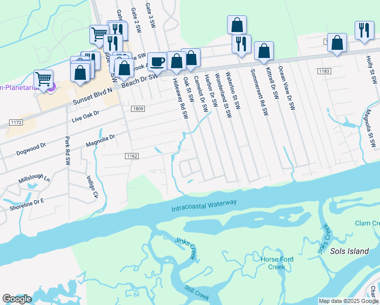map of restaurants, bars, coffee shops, grocery stores, and more near 7228 Nursery Road Southwest in Ocean Isle Beach
