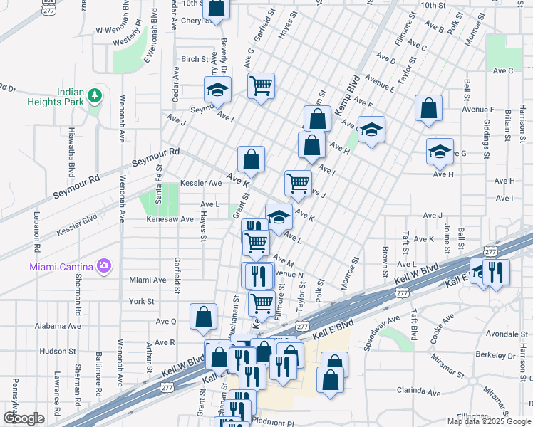 map of restaurants, bars, coffee shops, grocery stores, and more near 2111 Buchanan Street in Wichita Falls