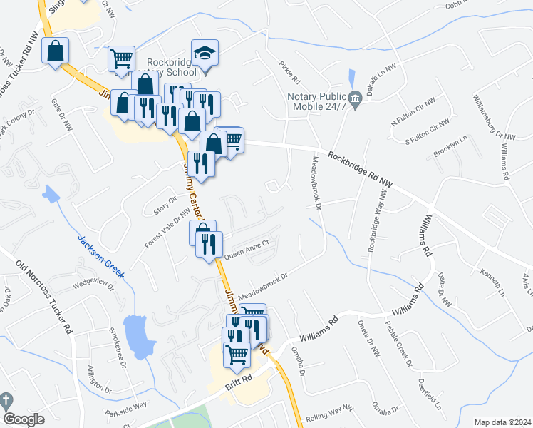 map of restaurants, bars, coffee shops, grocery stores, and more near 6059 WinterGreen Road Northwest in Norcross