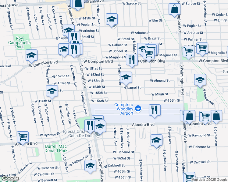 map of restaurants, bars, coffee shops, grocery stores, and more near 1445 West 155th Street in Compton
