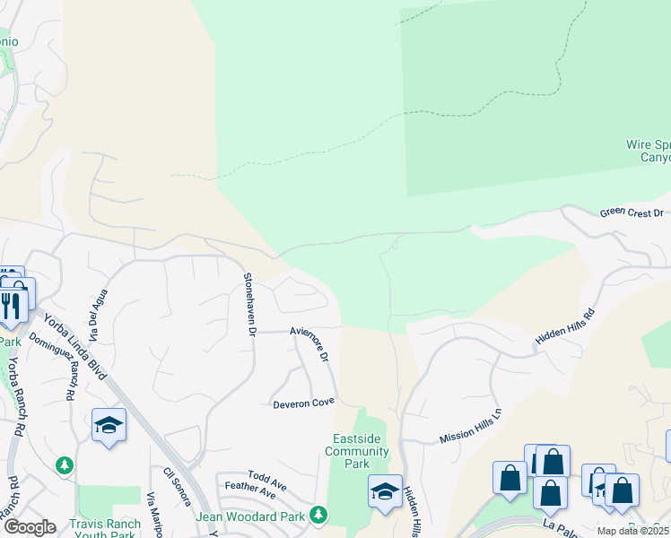 map of restaurants, bars, coffee shops, grocery stores, and more near 21895 Heatheridge Drive in Yorba Linda