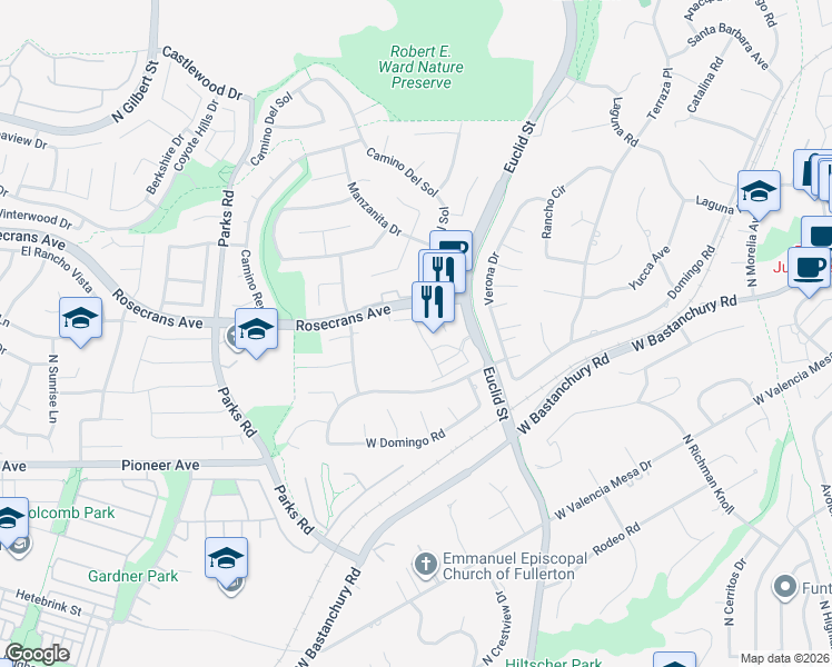 map of restaurants, bars, coffee shops, grocery stores, and more near 1803 Lychee Street in Fullerton