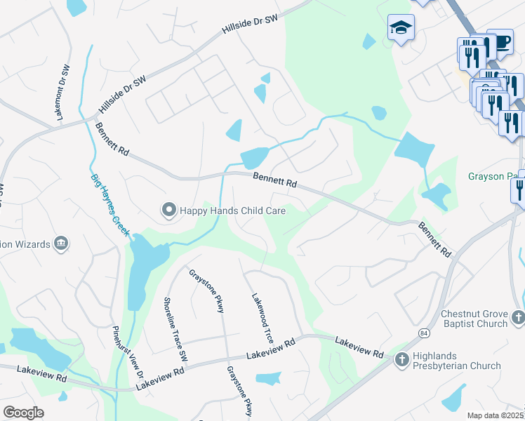 map of restaurants, bars, coffee shops, grocery stores, and more near 811 Pineberry Court in Grayson