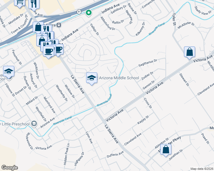 map of restaurants, bars, coffee shops, grocery stores, and more near 10950 Arizona Avenue in Riverside