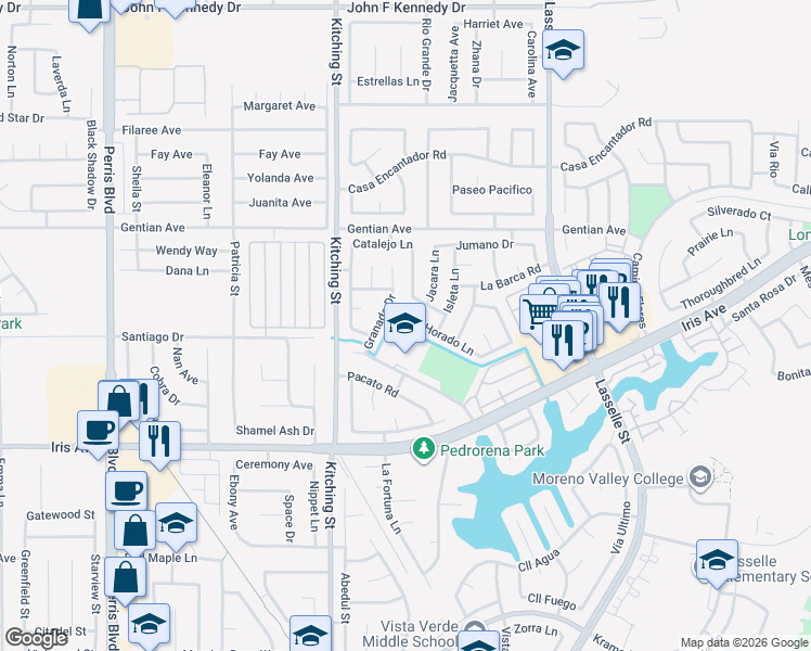 map of restaurants, bars, coffee shops, grocery stores, and more near 25635 Horado Lane in Moreno Valley