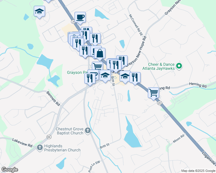 map of restaurants, bars, coffee shops, grocery stores, and more near 460 Georgia 84 in Grayson