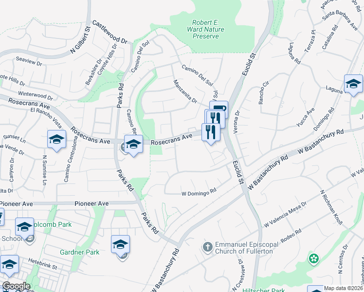 map of restaurants, bars, coffee shops, grocery stores, and more near 1836 Camino La Vista in Fullerton