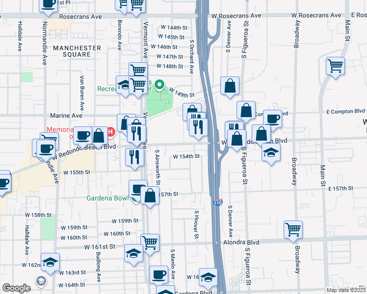 map of restaurants, bars, coffee shops, grocery stores, and more near 726 West Redondo Beach Boulevard in Gardena