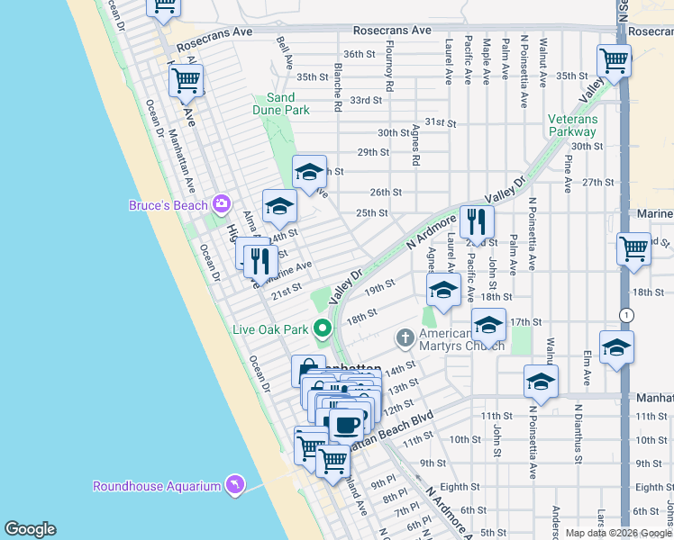 map of restaurants, bars, coffee shops, grocery stores, and more near 525 21st Street in Manhattan Beach