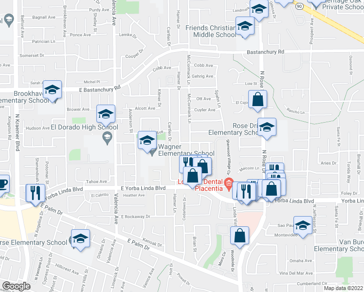 map of restaurants, bars, coffee shops, grocery stores, and more near 4782 Hamer Drive in Placentia
