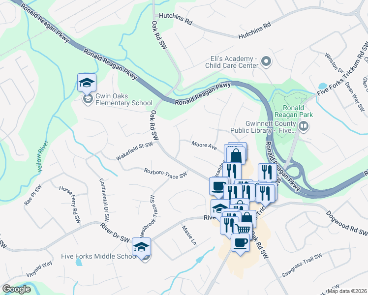 map of restaurants, bars, coffee shops, grocery stores, and more near 678 Ford Avenue Southwest in Lawrenceville