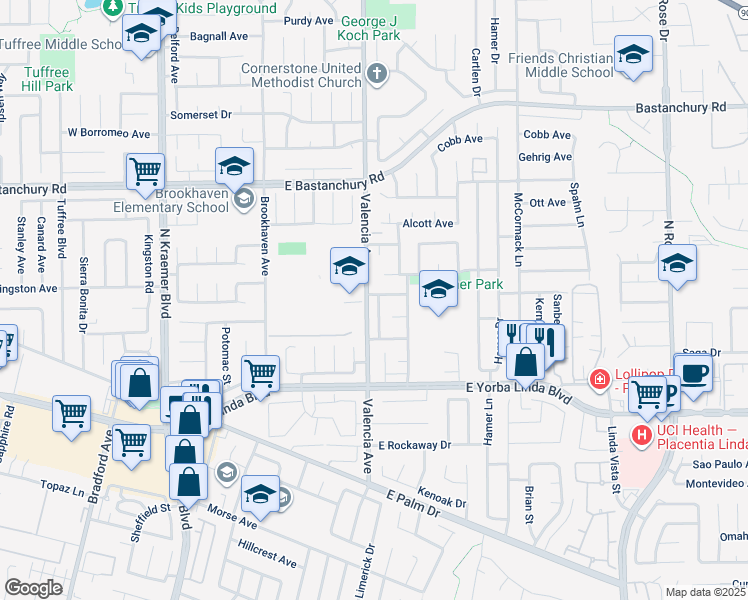 map of restaurants, bars, coffee shops, grocery stores, and more near 1640 Valencia Avenue in Placentia