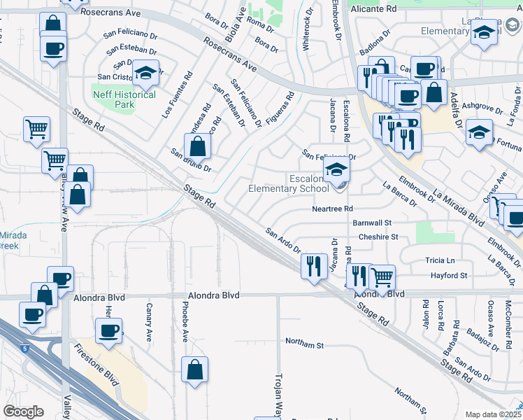 map of restaurants, bars, coffee shops, grocery stores, and more near 14743 La Capelle Road in La Mirada