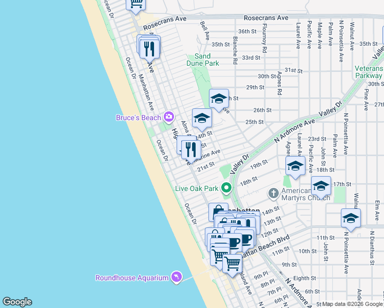 map of restaurants, bars, coffee shops, grocery stores, and more near 315 Marine Place in Manhattan Beach