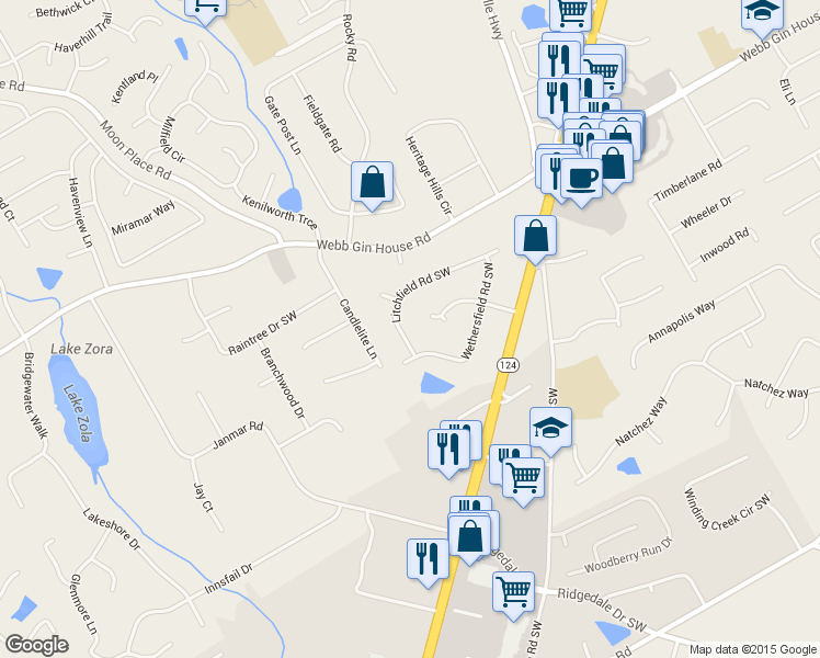 map of restaurants, bars, coffee shops, grocery stores, and more near 1836 Litchfield Road Southwest in Snellville