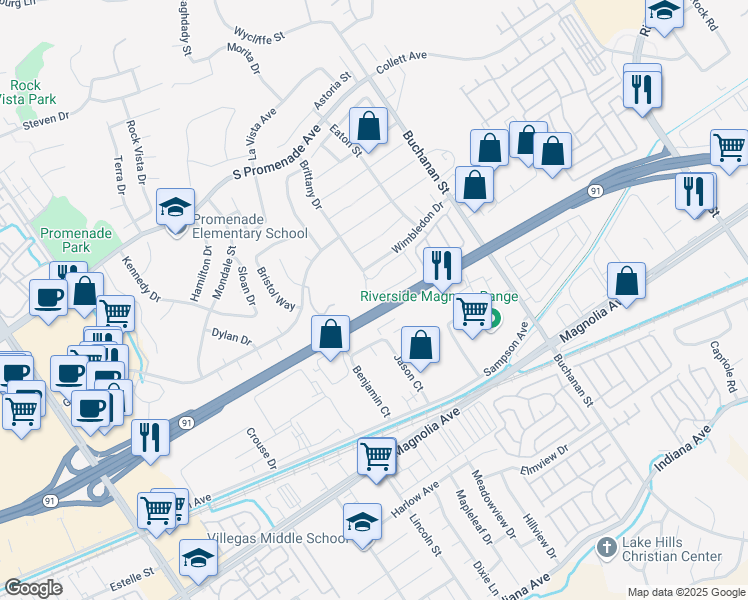 map of restaurants, bars, coffee shops, grocery stores, and more near 2900 Vía Milano in Corona