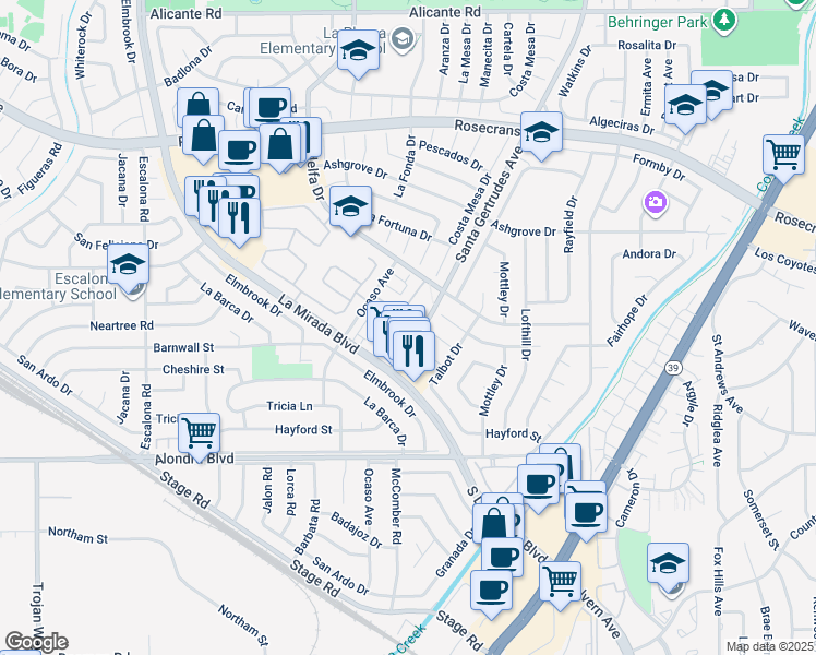map of restaurants, bars, coffee shops, grocery stores, and more near 15229 Santa Gertrudes Avenue in La Mirada