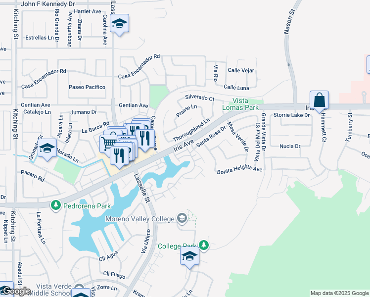 map of restaurants, bars, coffee shops, grocery stores, and more near 26279 Iris Avenue in Moreno Valley