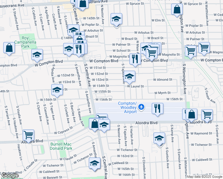 map of restaurants, bars, coffee shops, grocery stores, and more near 1483 West 155th Street in Compton