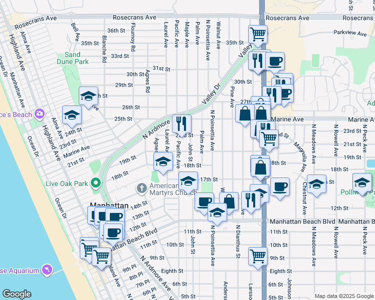 map of restaurants, bars, coffee shops, grocery stores, and more near 1901 John Street in Manhattan Beach