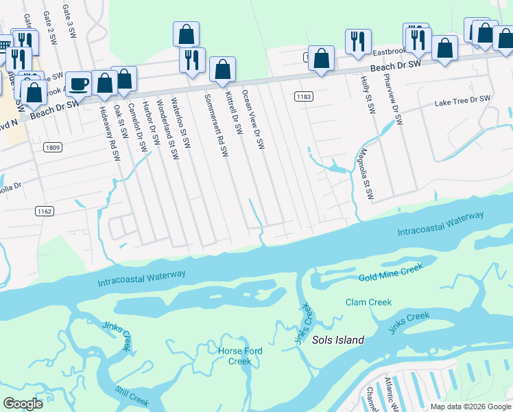map of restaurants, bars, coffee shops, grocery stores, and more near 1974 Kittrell Drive Southwest in Ocean Isle Beach