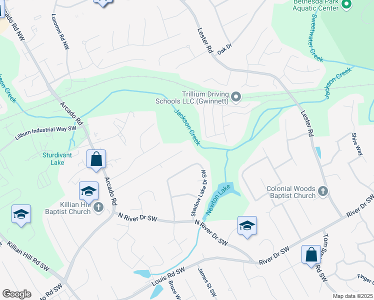 map of restaurants, bars, coffee shops, grocery stores, and more near 3964 Rivermeade Drive Southwest in Lilburn