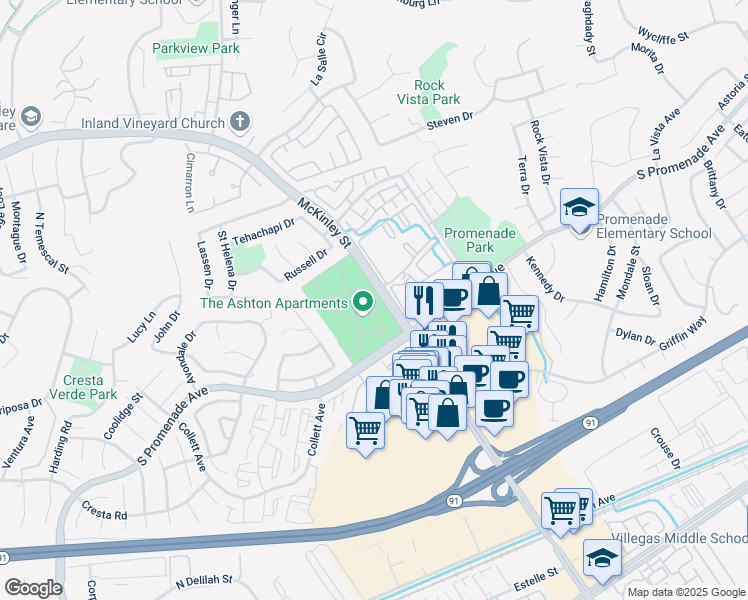 map of restaurants, bars, coffee shops, grocery stores, and more near 2198 McKinley Street in Corona